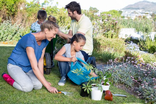 Company representative reviewing compliance documents in a garden setting
